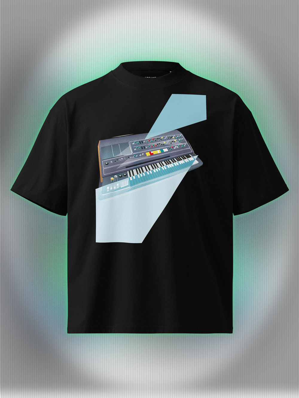 Black T-shirt with a graphic design of a keyboard with geometric colorful elements.