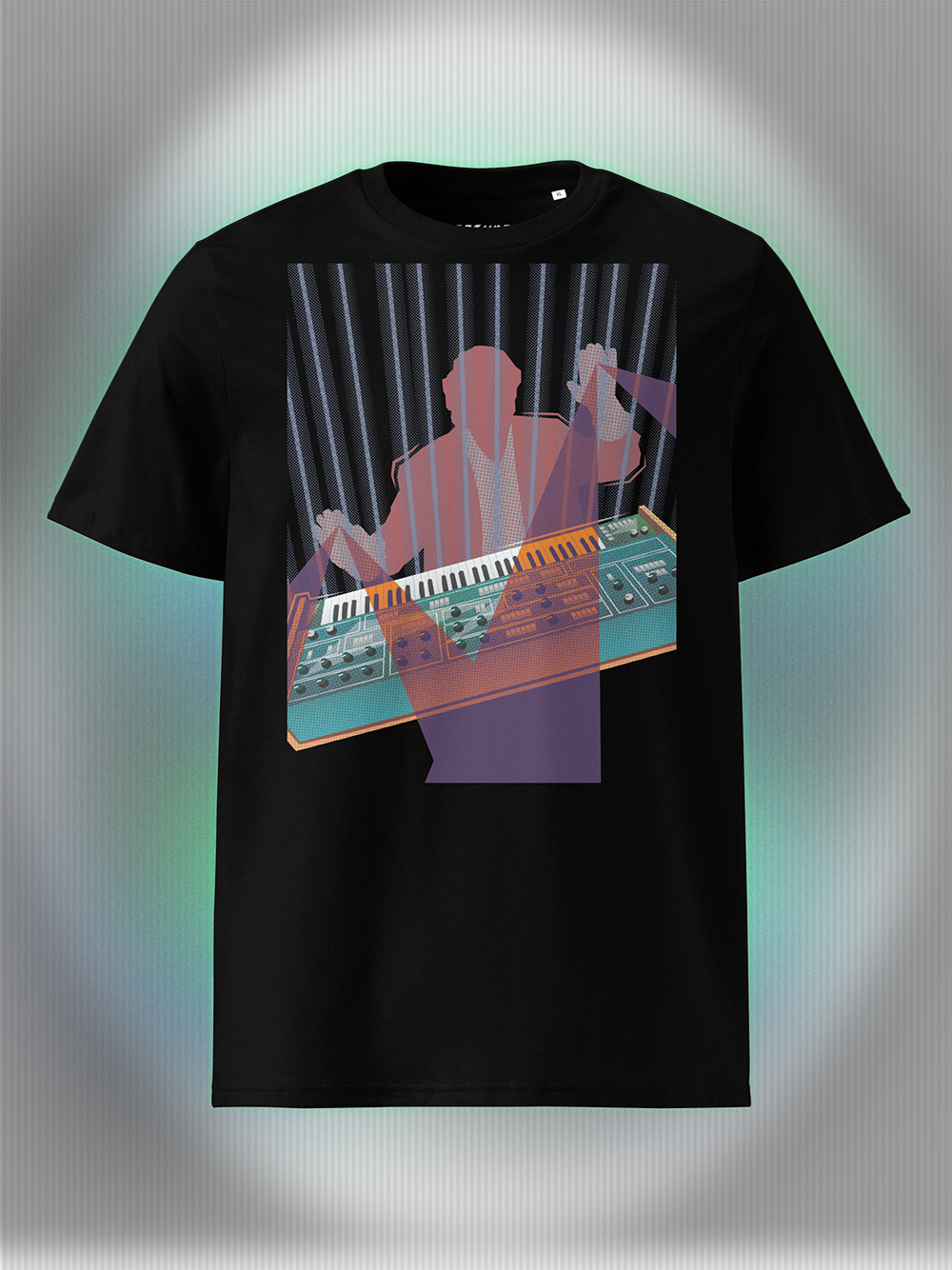 Black T-shirt with a colorful design of a man playing on a synthesizer and purple light beams go out of his hands.