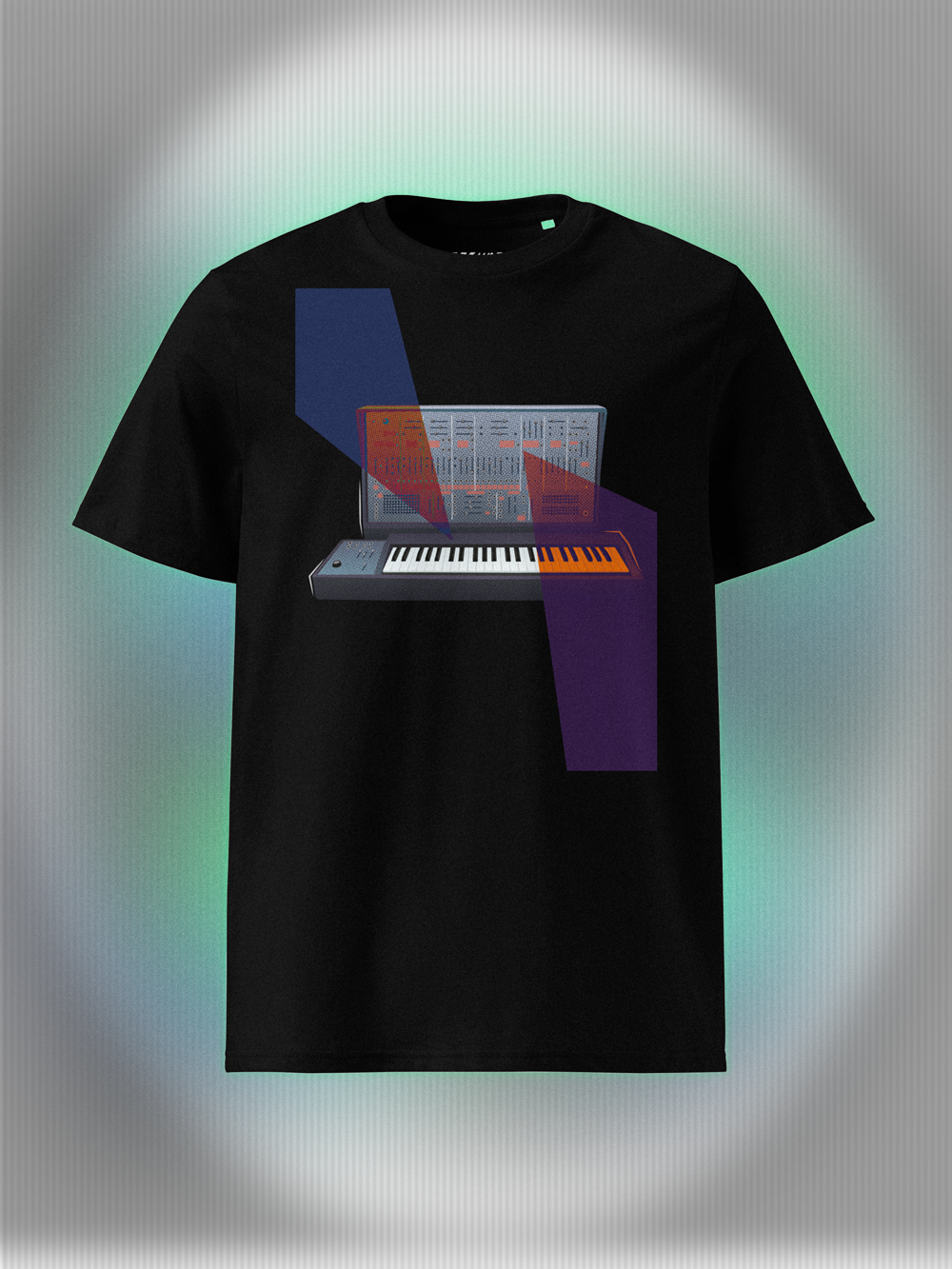 Black T-shirt with a graphic design of a keyboard with geometric colorful elements.