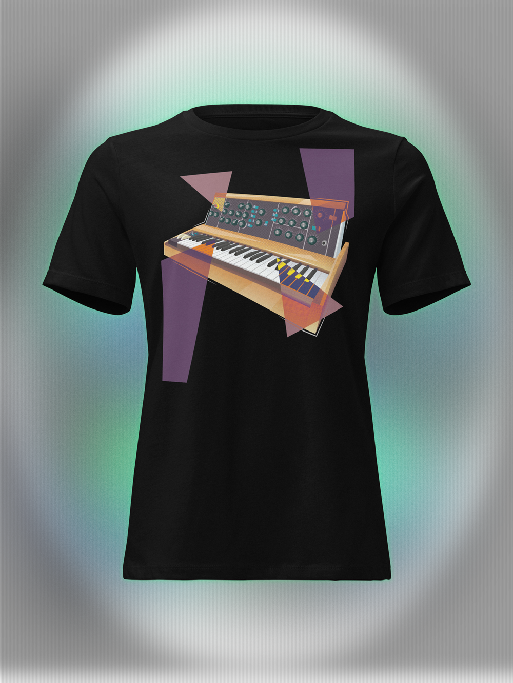 Black T-shirt with a vibrant graphic design of a synthesizer with geometric colorful elements.