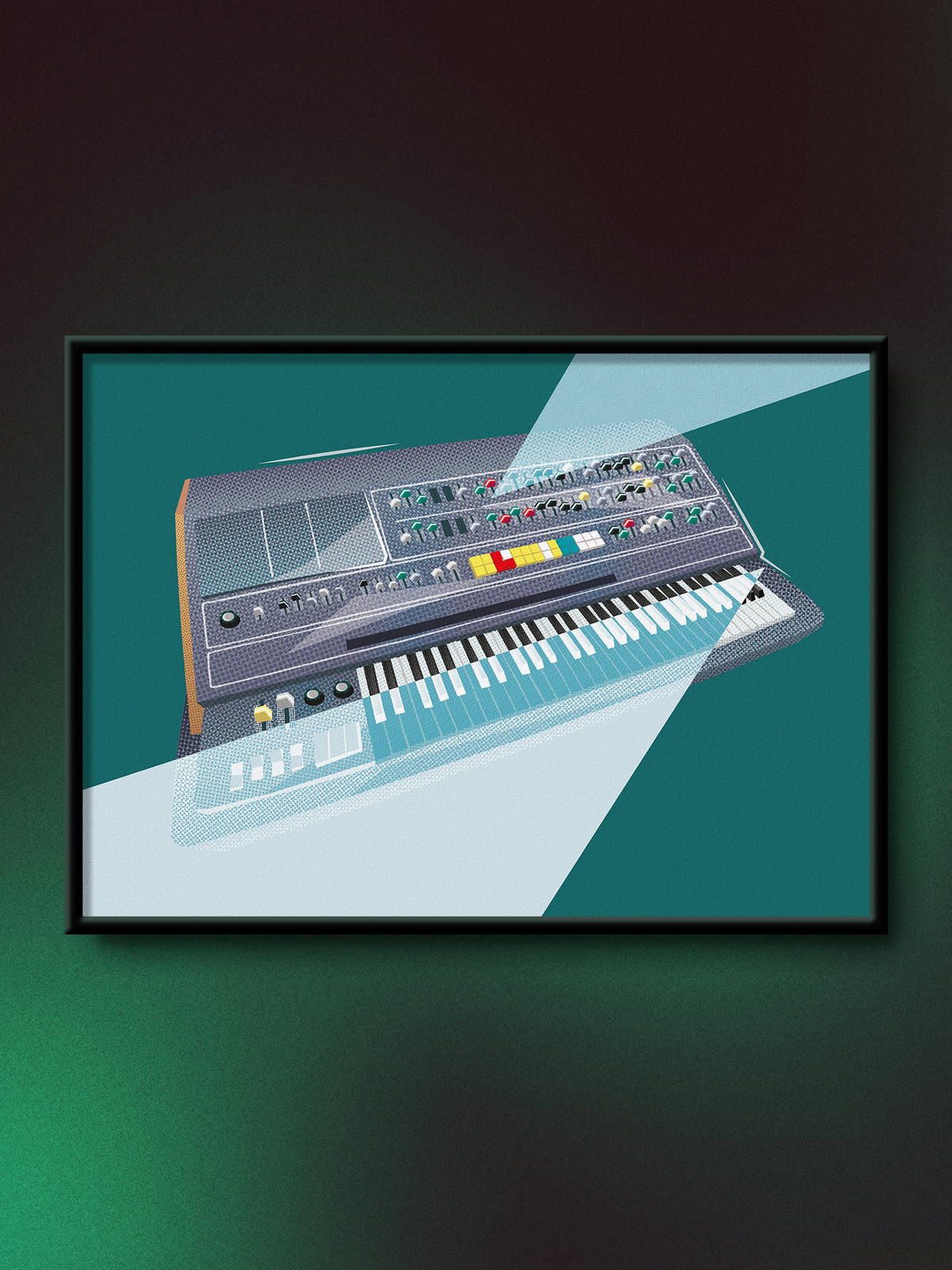 A framed art print featuring a stylized illustration of a synthesizer Yamaha CS-80 keyboard, displayed against a dark green and black gradient background.
