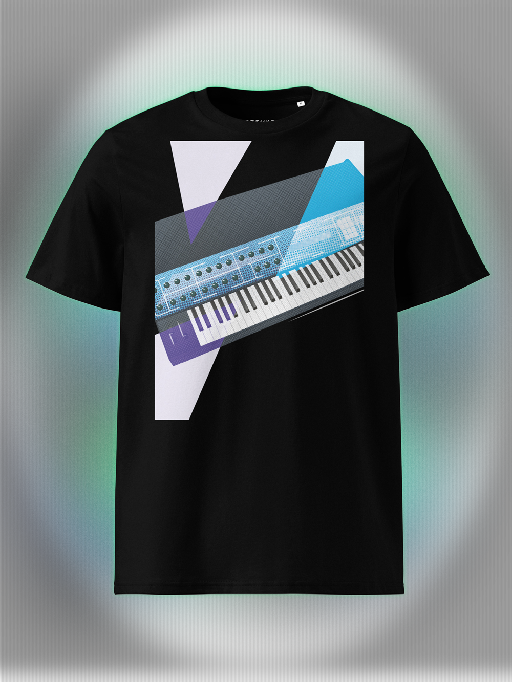 Black T-shirt with a graphic design of a colorful synthesizer with white and purple geometric colorful elements.