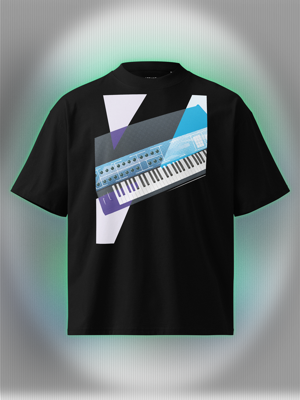 Black T-shirt with a graphic design of a colorful synthesizer with white and purple geometric colorful elements.