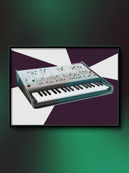 A framed art print for synth nerds featuring a stylized, half toned illustration of a Oberheim OB-Xa synthesizer keyboard against a blue and teal striped background, displayed on a dark wall with green ambient lighting.