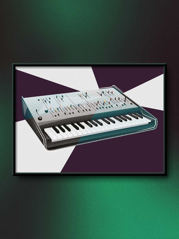 A framed art print for synth nerds featuring a stylized, half toned illustration of a Oberheim OB-Xa synthesizer keyboard against a blue and teal striped background, displayed on a dark wall with green ambient lighting.