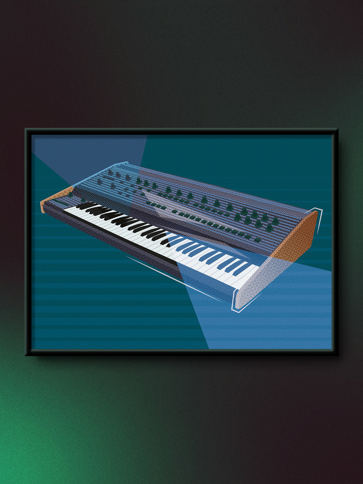 A framed art print for synth nerds featuring a stylized, half toned illustration of a Oberheim OB-Xa synthesizer keyboard against a blue and teal striped background, displayed on a dark wall with green ambient lighting.