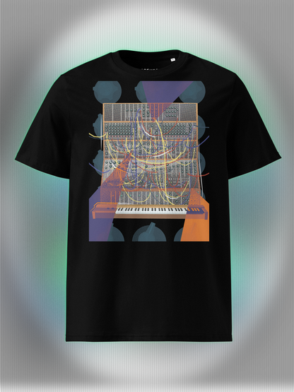 Black T-shirt with a vibrant graphic design of a modular synthesizer with patch cables and knobs on the background with orange and purple geometric colorful elements.