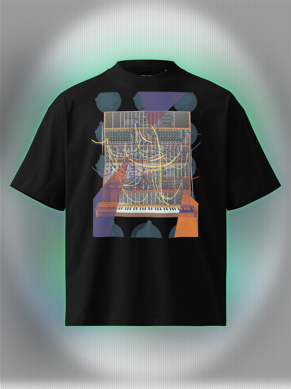 Black T-shirt with a vibrant graphic design of a modular synthesizer with patch cables and knobs on the background with orange and purple geometric colorful elements.