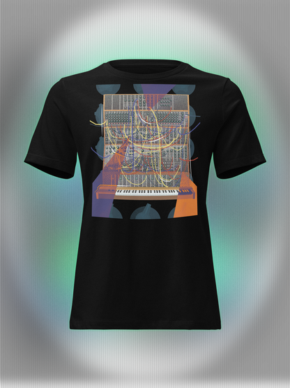 Black T-shirt with a vibrant graphic design of a modular synthesizer with patch cables and knobs on the background with orange and purple geometric colorful elements.
