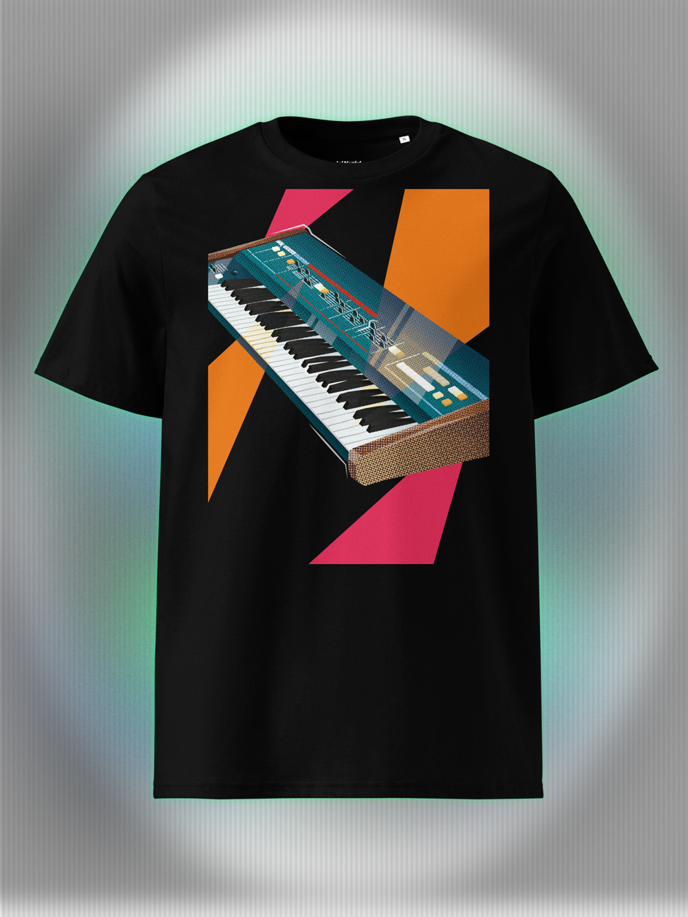 Black T-shirt with a graphic design of a colorful synthesizer with pink and orange geometric colorful elements.