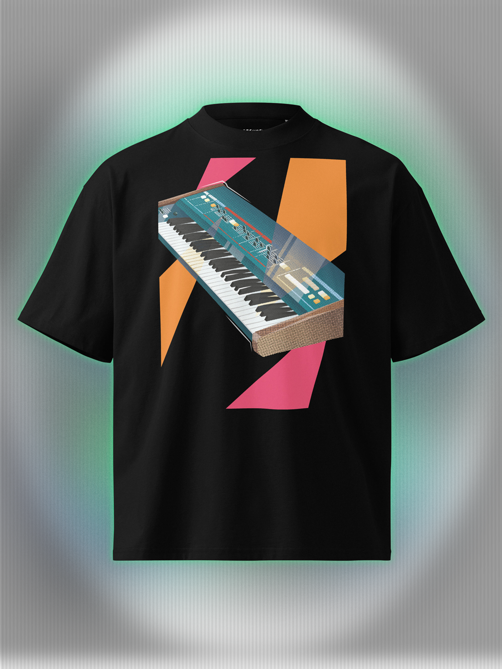 Black T-shirt with a graphic design of a colorful synthesizer with pink and orange geometric colorful elements.