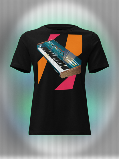 Black T-shirt with a graphic design of a colorful synthesizer with pink and orange geometric colorful elements.