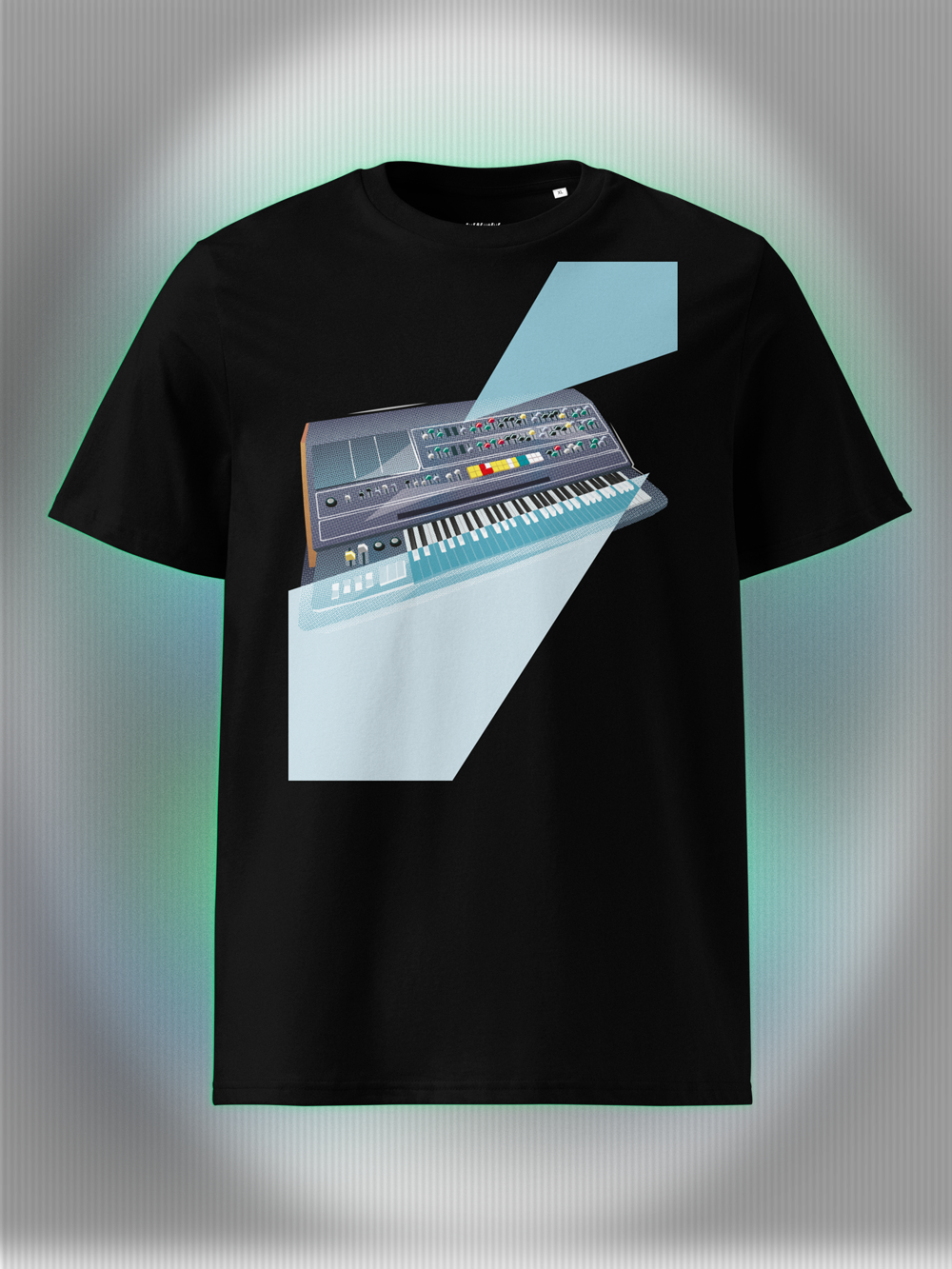 Black T-shirt with a graphic design of a keyboard with geometric colorful elements.