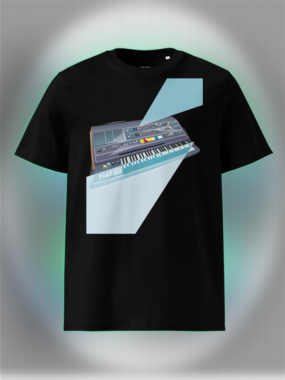 Black T-shirt with a graphic design of a keyboard with geometric colorful elements.
