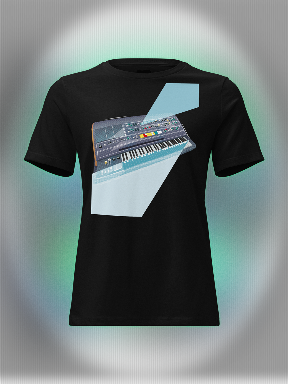 Black T-shirt with a graphic design of a keyboard with geometric colorful elements.