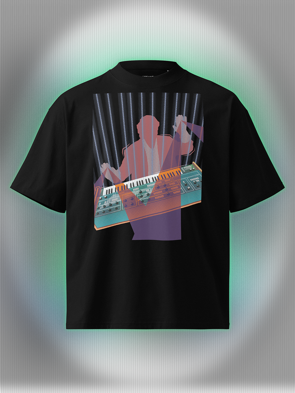 Black T-shirt with a colorful design of a man playing on a synthesizer and purple light beams go out of his hands.