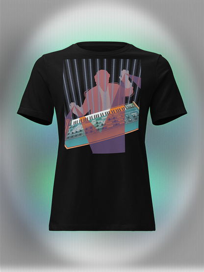 Black T-shirt with a colorful design of a man playing on a synthesizer and purple light beams go out of his hands.