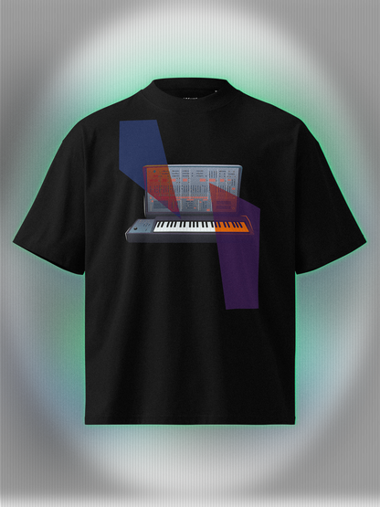 Black t-shirt with a graphic of a keyboard  with abstract geometrical elements