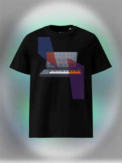 Black T-shirt with a graphic design of a keyboard with geometric colorful elements.