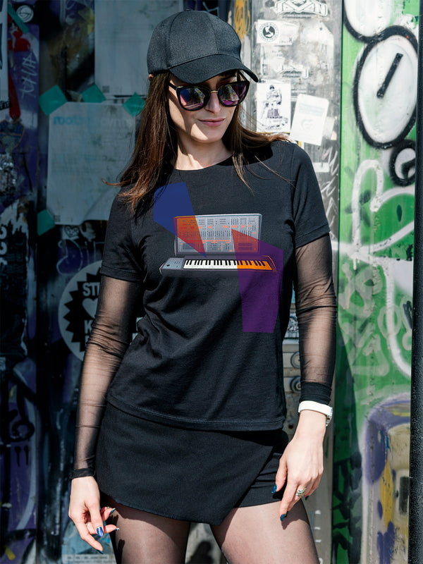 Black T-shirt with a graphic design of a keyboard with geometric colorful elements.