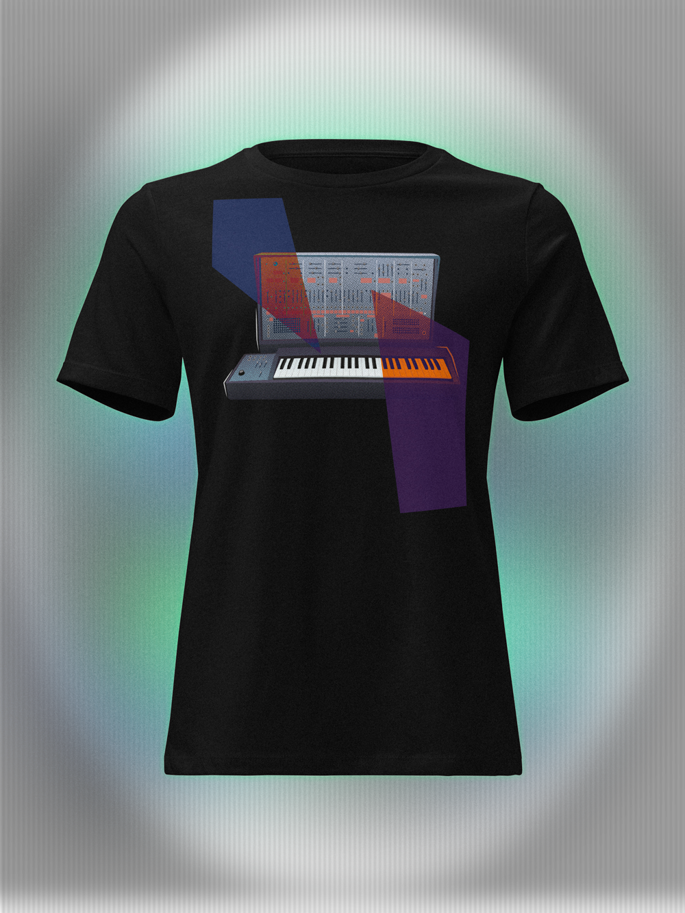 Black T-shirt with a graphic design of a keyboard with geometric colorful elements.