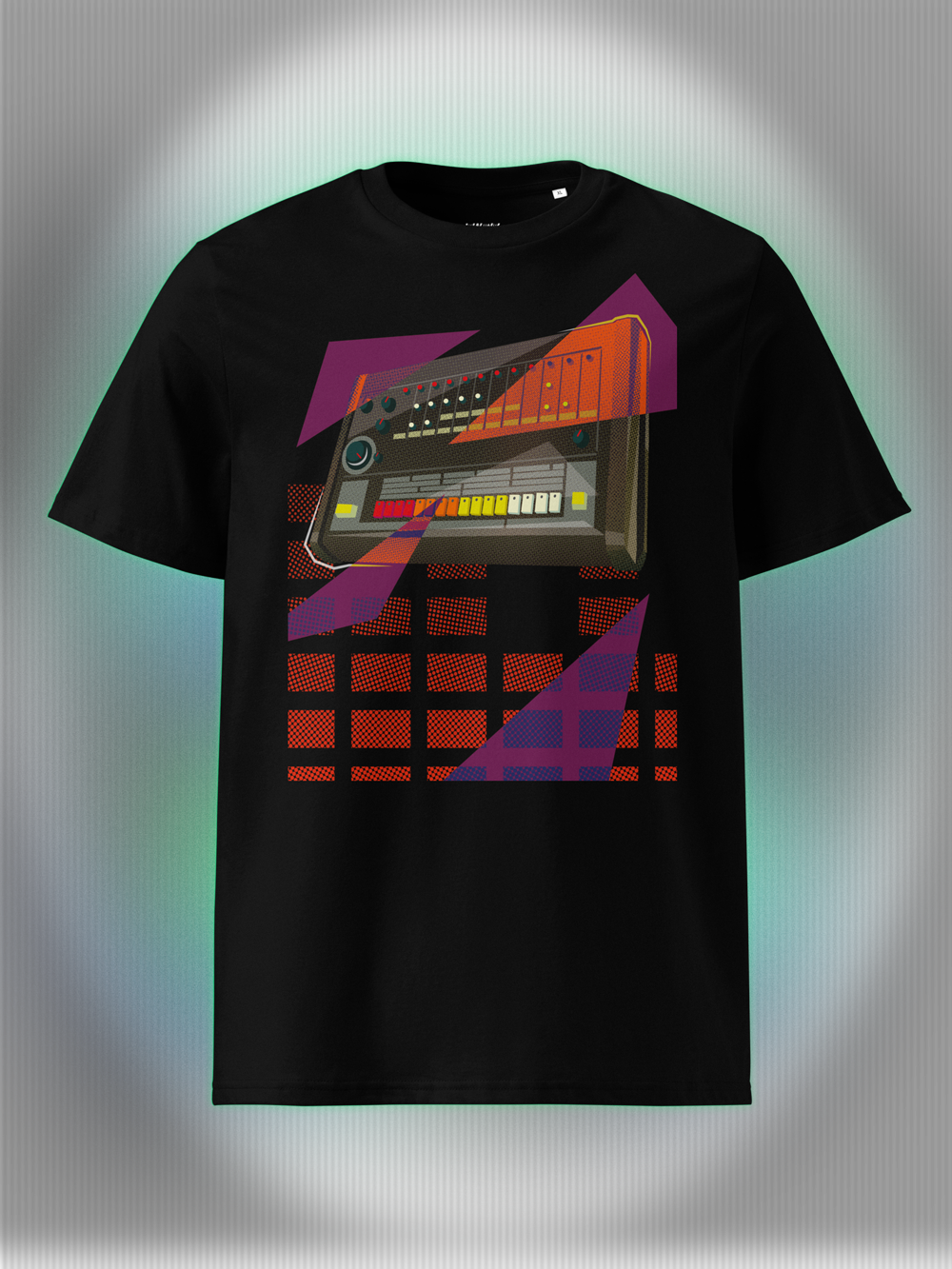 Black T-shirt with a graphic design of a drum machine 808 with purple and orange geometric colorful elements.