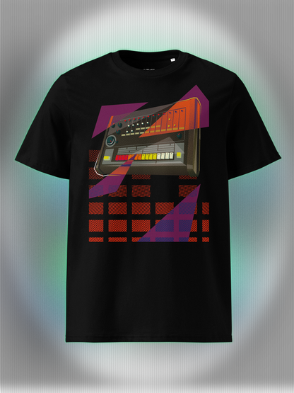 Black T-shirt with a graphic design of a drum machine 808 with purple and orange geometric colorful elements.