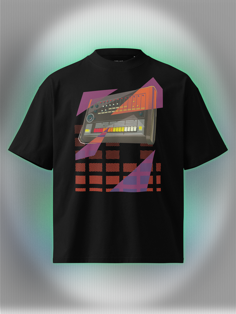 Black T-shirt with a graphic design of a drum machine 808 with purple and orange geometric colorful elements.