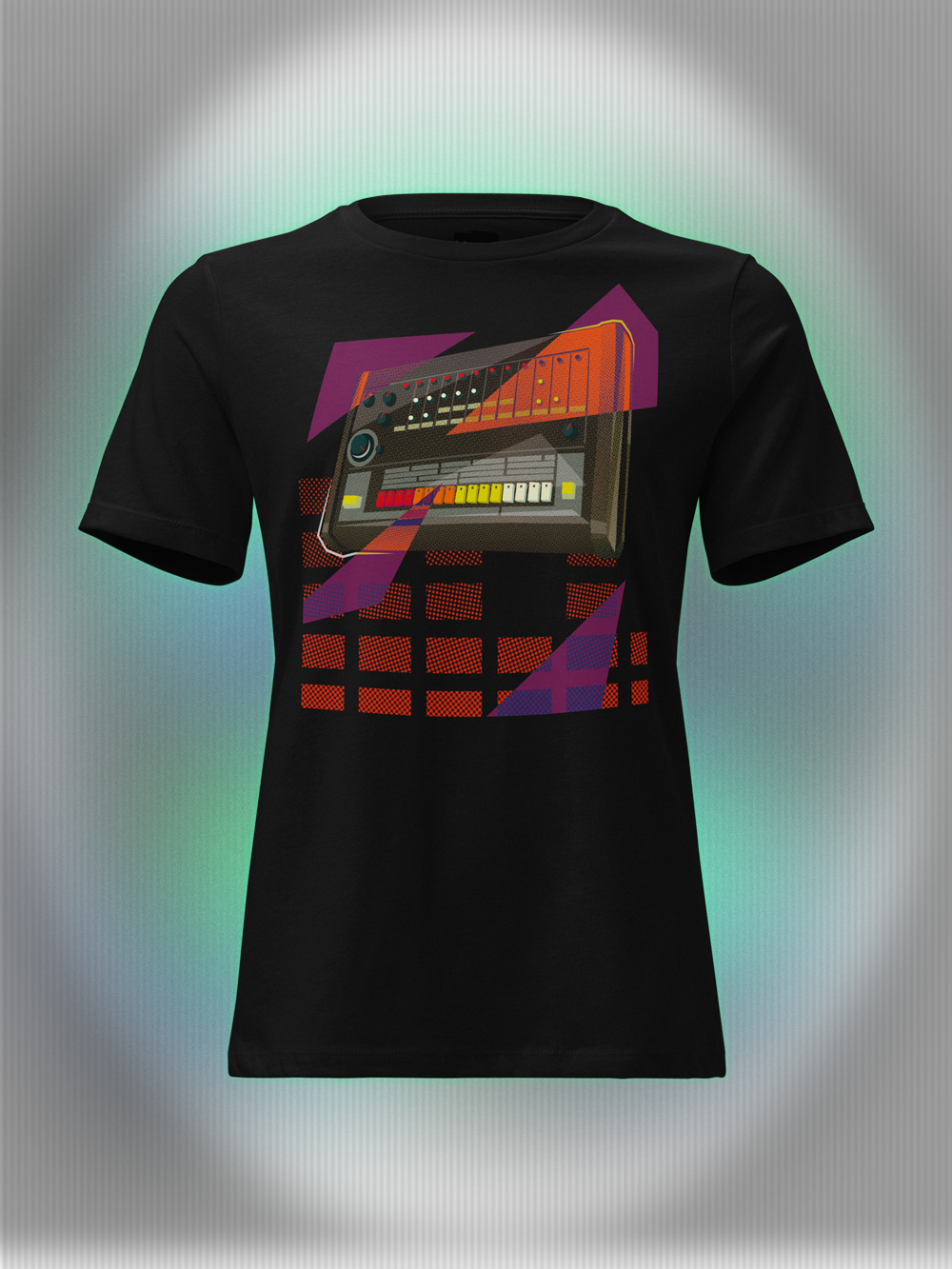 Black T-shirt with a graphic design of a drum machine 808 with purple and orange geometric colorful elements.