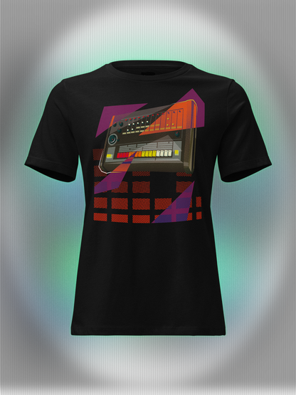 Black T-shirt with a graphic design of a drum machine 808 with purple and orange geometric colorful elements.