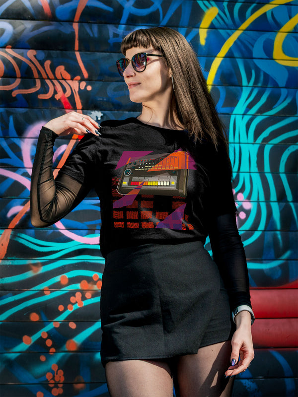 Black T-shirt with a graphic design of a drum machine 808 with purple and orange geometric colorful elements.