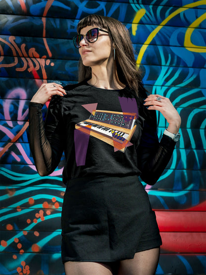 Black T-shirt with a vibrant graphic design of a synthesizer with geometric colorful elements.