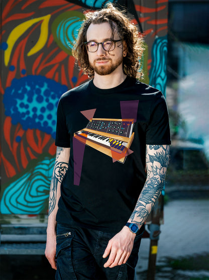 Black T-shirt with a vibrant graphic design of a synthesizer with geometric colorful elements.