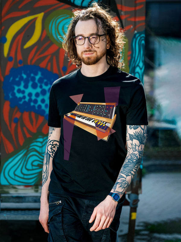 Black T-shirt with a vibrant graphic design of a synthesizer with geometric colorful elements.