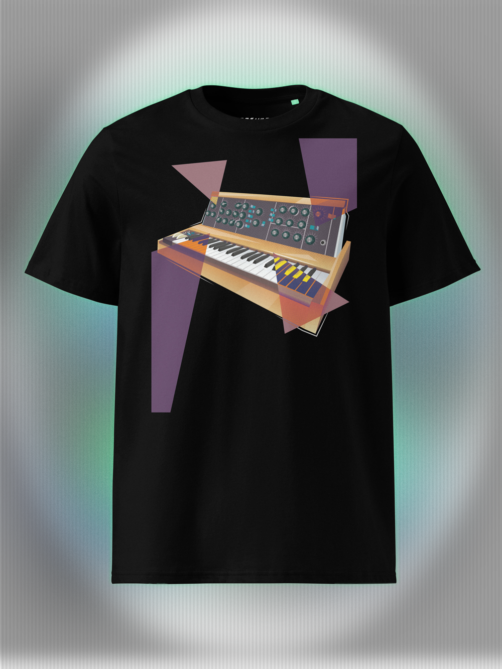 Black T-shirt with a vibrant graphic design of a synthesizer with geometric colorful elements.