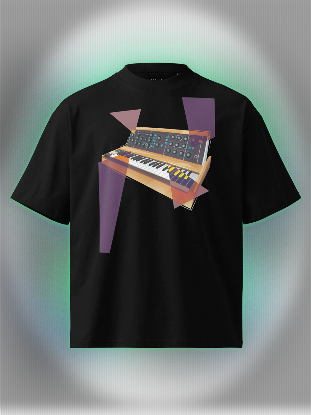 Black T-shirt with a vibrant graphic design of a synthesizer with geometric colorful elements.