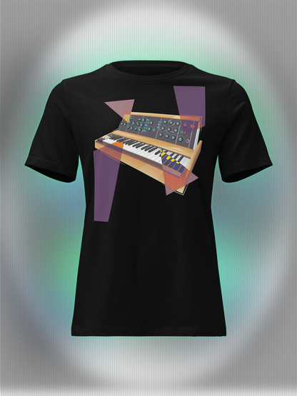 Black T-shirt with a vibrant graphic design of a synthesizer with geometric colorful elements.
