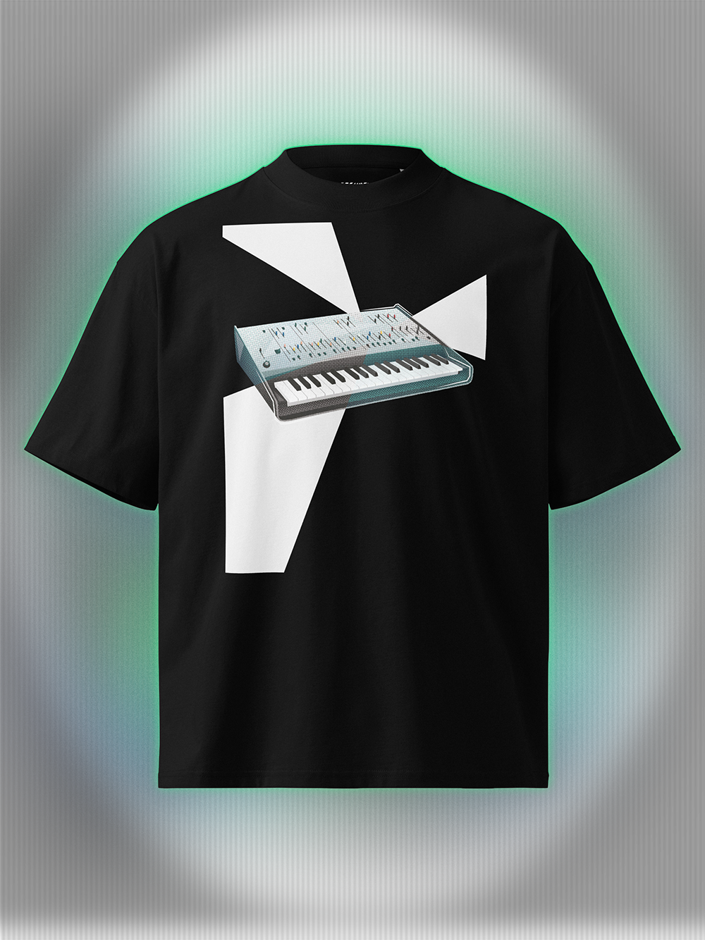 Black T-shirt with a design of a synthesizer and white geometrical light beams go out of the synth.