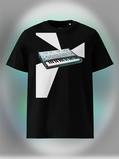 Black T-shirt with a graphic design of a keyboard with geometric colorful elements.