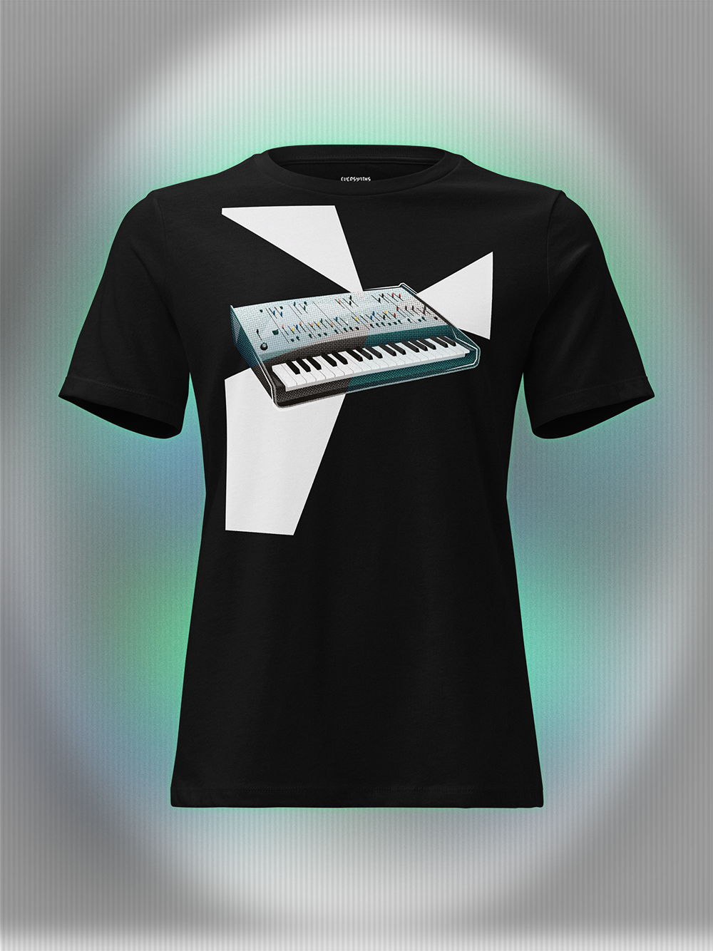 Black T-shirt with a graphic design of a keyboard with geometric colorful elements.