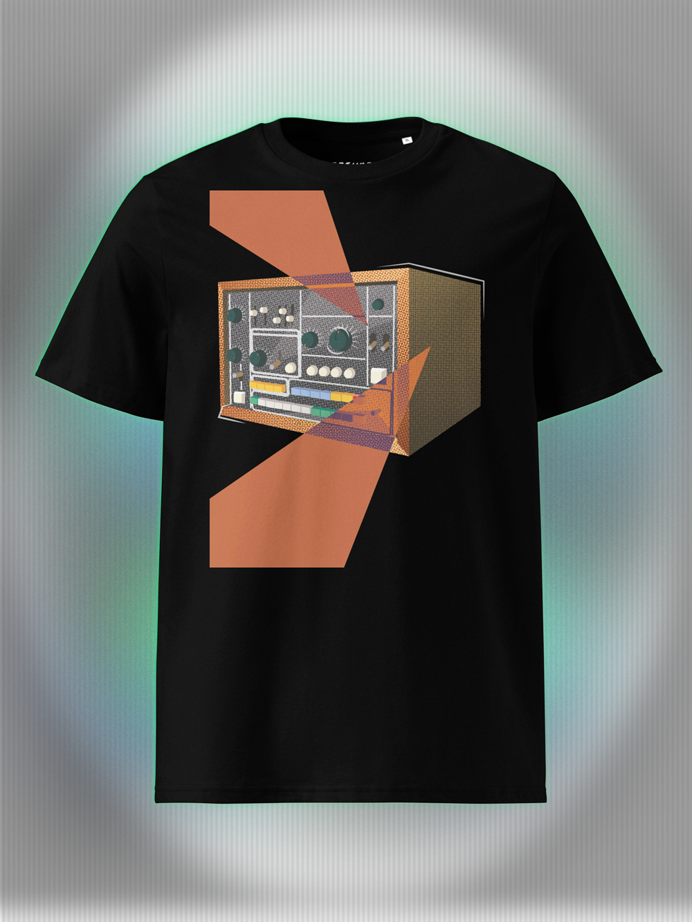 Black T-shirt with a retro graphic design of a colorful drum machine 78 with orange geometric colorful elements.