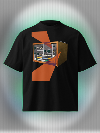 Black T-shirt with a retro graphic design of a colorful drum machine 78 with orange geometric colorful elements.