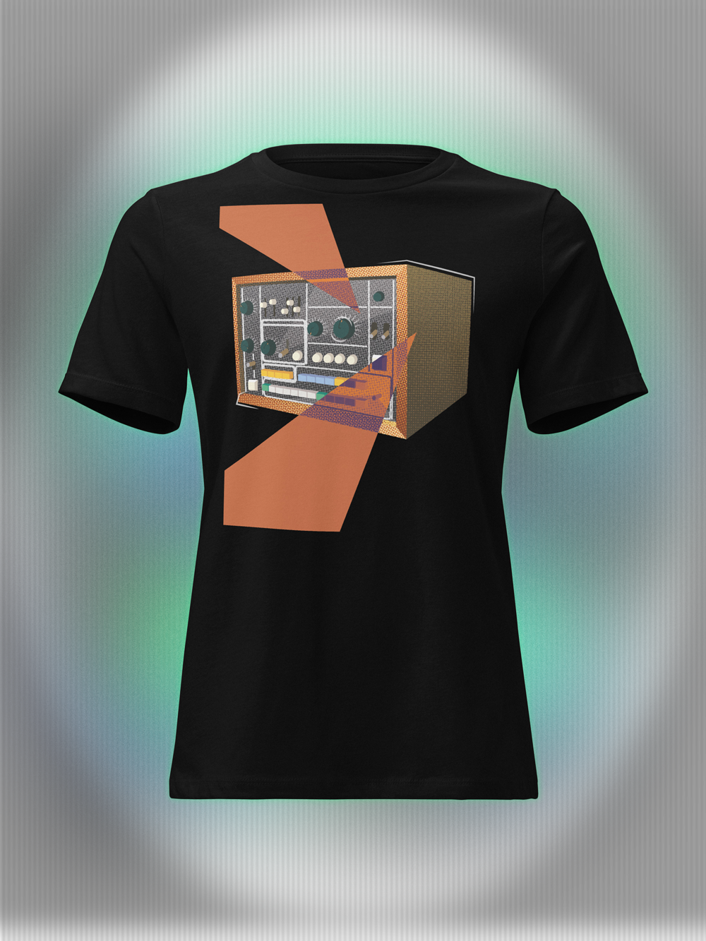 Black T-shirt with a retro graphic design of a colorful drum machine 78 with orange geometric colorful elements.