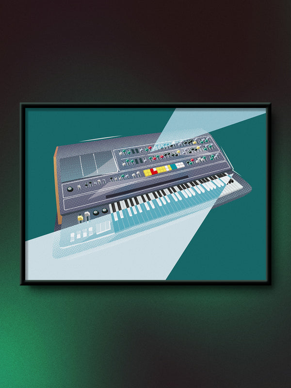 A framed art print featuring a stylized illustration of a synthesizer Yamaha CS-80 keyboard, displayed against a dark green and black gradient background.