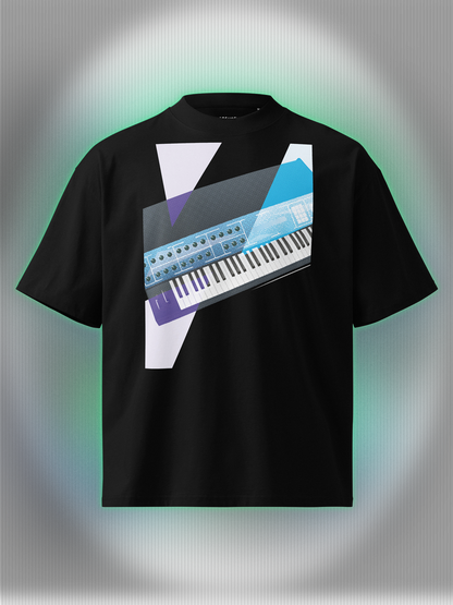 Black T-shirt with a graphic design of a colorful synthesizer with white and purple geometric colorful elements.