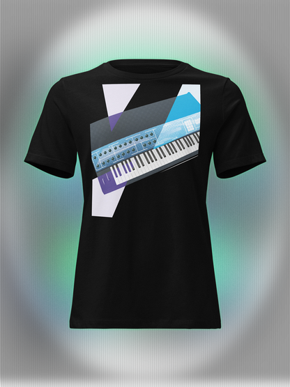 Black T-shirt with a graphic design of a colorful synthesizer with white and purple geometric colorful elements.