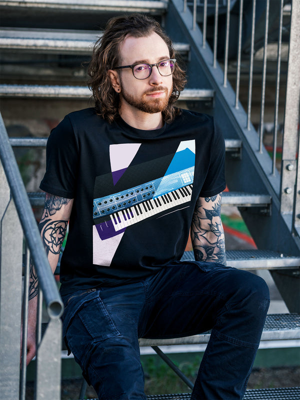 Black T-shirt with a graphic design of a colorful synthesizer with white and purple geometric colorful elements.